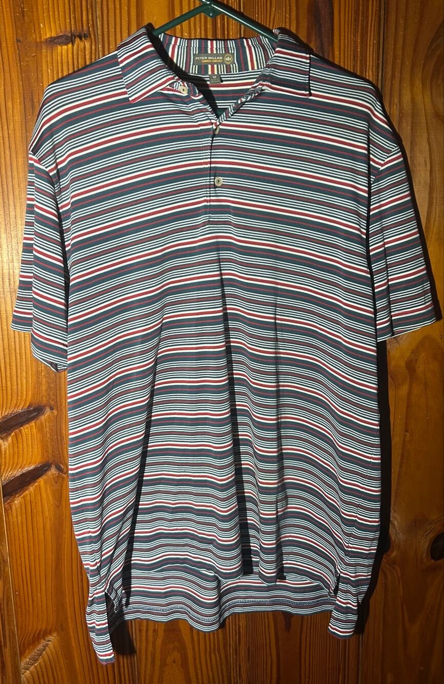 Peter Millar Shirt Men’s Medium Summer Comfort Polo Red Blue Stripe Performance
